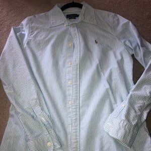 White blue striped polo button up size large